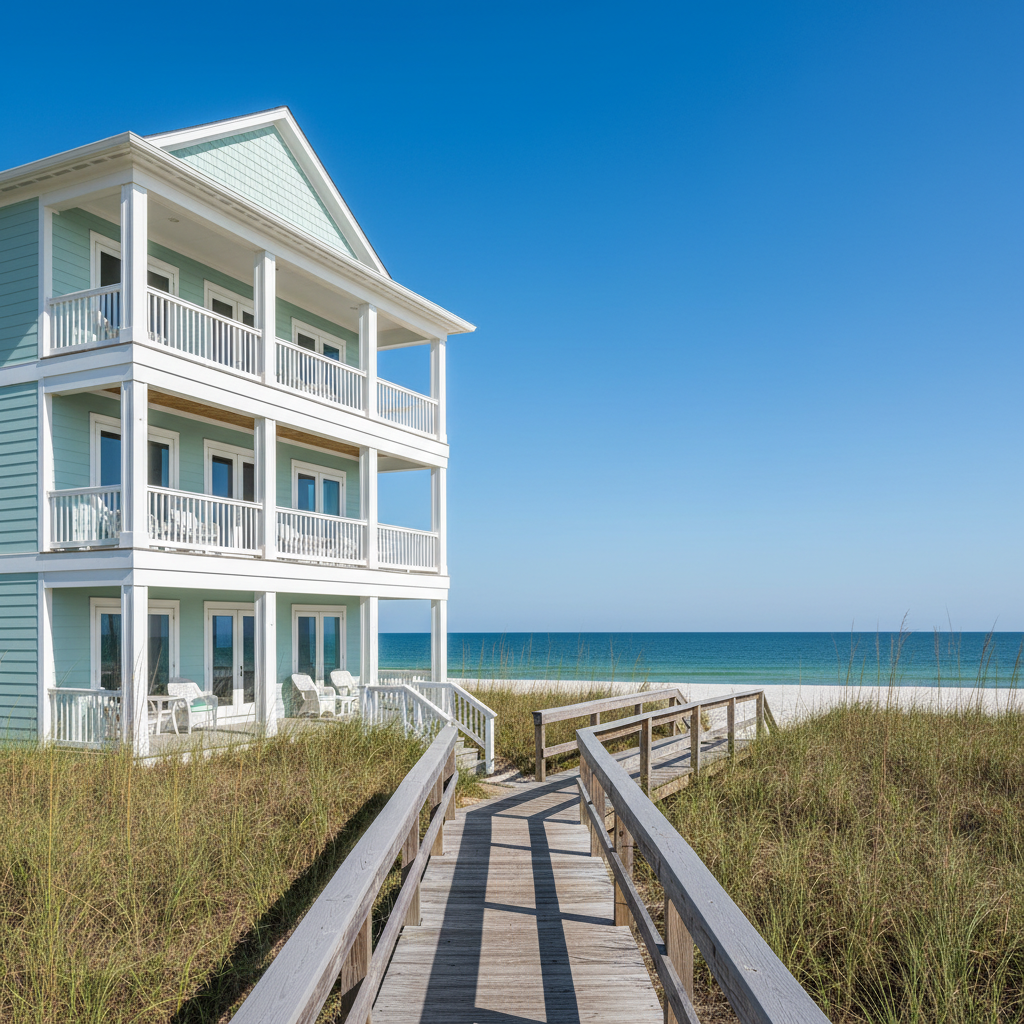 Modern luxury vacation rental home exterior with balconies and coastal landscaping